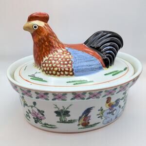 VTG Chicken Rooster Ceramic Serving Dish Soup Tureen & Lid Floral Pattern 9.25"
